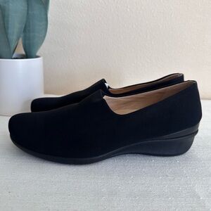 New Ecco Black Stretch Fabric Low Wedge Comfy Loafers Women’s EU39 US8-8.5